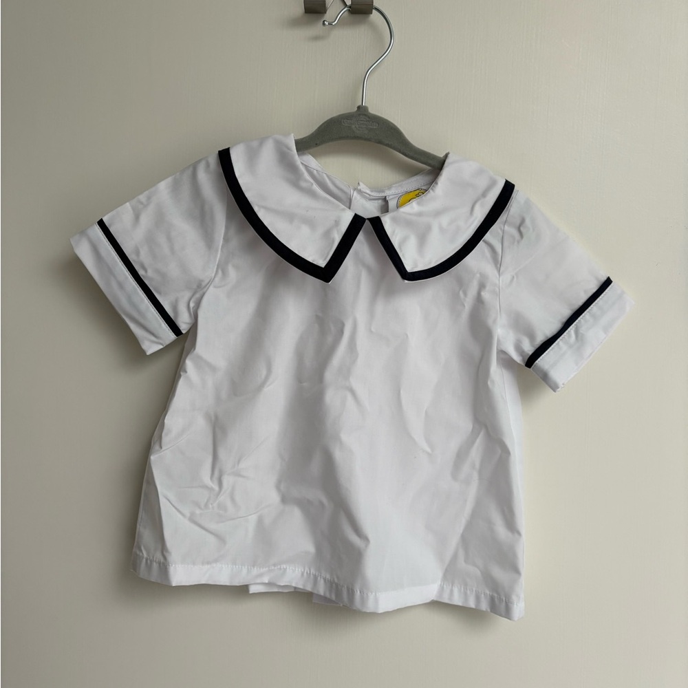 Classic White Kids Shirt with Blue Trim and overalls